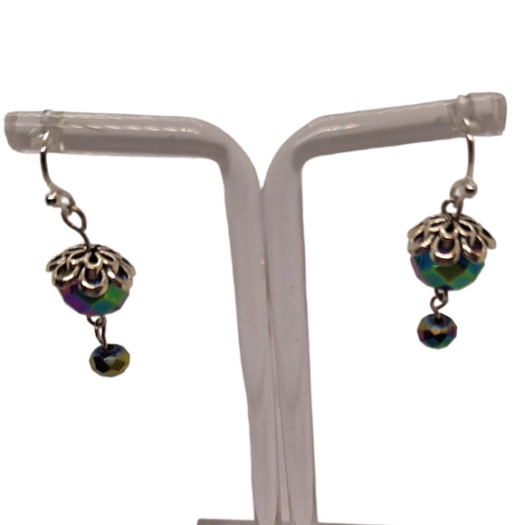 Iridescent Crystal Bead Earrings Silver Tone Fish Hook Ear Wires Handmade - Picture 2 of 5